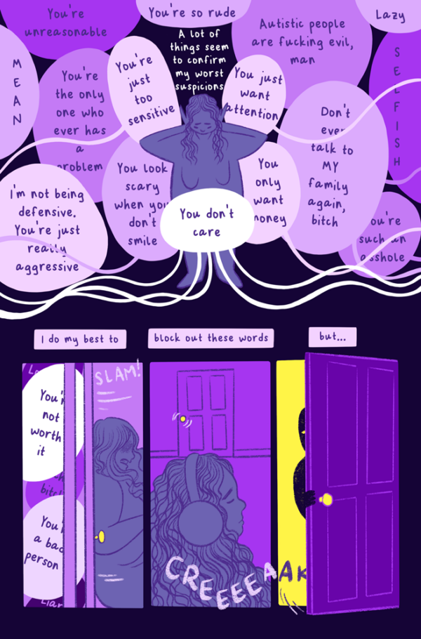 The color palette is of varying shades of purple with pops of white and yellow. The background is a very dark purple, almost black. Panel one: Jessi stands surrounded by speech bubbles that press up against them from every angle, each filled with negative comments about Jessi. Text reads, "A lot of things seem to confirm my worst suspicions. The text in the speech bubbles read, "You just want attention. You just want money. You don't care. You're just too sensitive. Don't ever talk to MY family again, bitch. You're the only one who ever has a problem. Autistic people are fucking evil, man. I'm not being defensive, you're just being really aggressive. Lazy. You're such an asshole. Mean. You're unreasonable. You look scary when you don't smile. You're so rude." Jessi presses their hands to their ears to block them out. Panel two: Jessi struggles to slam a door closed on the speech bubbles. Text above reads, "I do my best to..." Panel three: Text continues, "...block out these words...." Jessi is in a room with their eyes closed and headphones covering their ears. In the background, the knob wriggles as if something is trying to enter. Panel four: The text finishes, "...but...." An ominous figure opens the door with a creak and stares inside, their eyes glowing yellow as they stare.