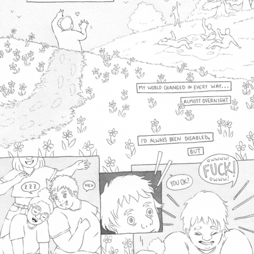 The title "New Garden by Jessi Eoin" is overlaid on a scene showing a fat person (Jessi) with very short hair walking over a grassy hill of flowers, walking toward and waving hi to a group of people in the distance relaxing and hanging out near a group of trees on a blanket. The people wave back. Text boxes that indicate a narration voice reads, "The year I became severely disabled, my whole world changed in every way... almost overnight. I'd always been disabled, but..." The scene progresses to show the friends and Jessi up close, goofing off and smiling, a friend leaning on Jessi's shoulder with a speech bubble above the friend showing Z's for sleep as Jessi looks at the friend and says, "heh." Another friend is behind them both, smiling mischievously while raising their arms up as if to surprise the people. Suddenly, Jessi looks alarmed, and then they grab themselves in a hug, saying "Owwww! FUCK! Owww!" as another person says, "You ok?" and as their friend's head suddenly drops off Jessi's shoulder from the sudden movement. The final narration box on the page is against a black background and reads, "...this was much different."