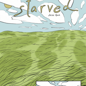 A seven page wordless comic titled Starved by Jessi Eoin. The color palette is in faded hues of blue, green, white, black, and muted yellow. Page 1. Panel 1: An endless grassy landscape stretches into the distance with large clouds casting shadows on the land as they glide by. The title of the comic and Jessi's name appear at the top in a handwritten font. Panel 2: A smaller panel at the bottom shows a lone figure walking in the distance.