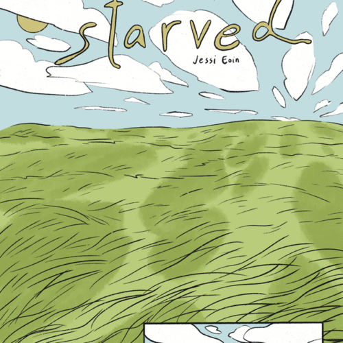 A seven page wordless comic titled Starved by Jessi Eoin. The color palette is in faded hues of blue, green, white, black, and muted yellow. Page 1. Panel 1: An endless grassy landscape stretches into the distance with large clouds casting shadows on the land as they glide by. The title of the comic and Jessi's name appear at the top in a handwritten font. Panel 2: A smaller panel at the bottom shows a lone figure walking in the distance.