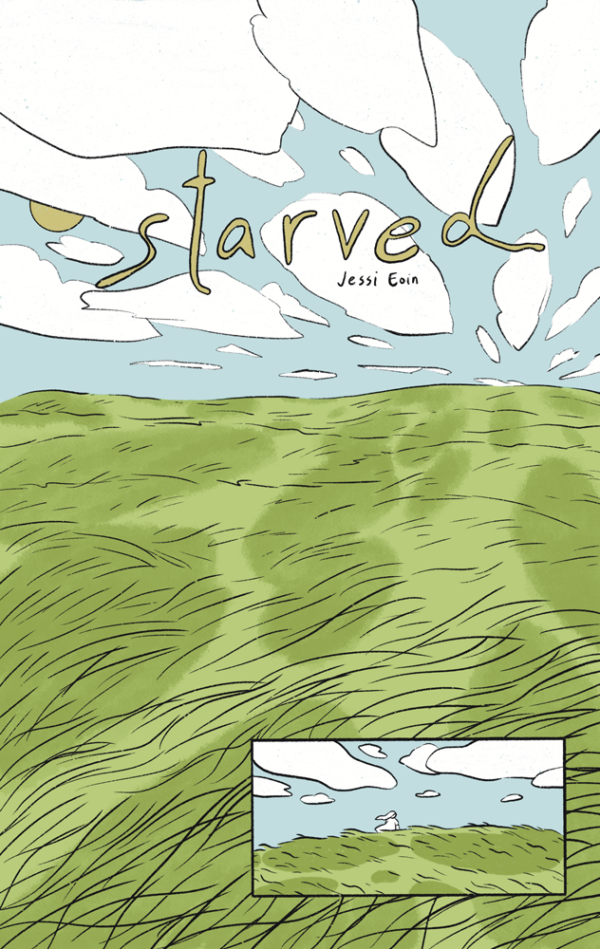 A seven page wordless comic titled Starved by Jessi Eoin. The color palette is in faded hues of blue, green, white, black, and muted yellow. Page 1. Panel 1: An endless grassy landscape stretches into the distance with large clouds casting shadows on the land as they glide by. The title of the comic and Jessi's name appear at the top in a handwritten font. Panel 2: A smaller panel at the bottom shows a lone figure walking in the distance.