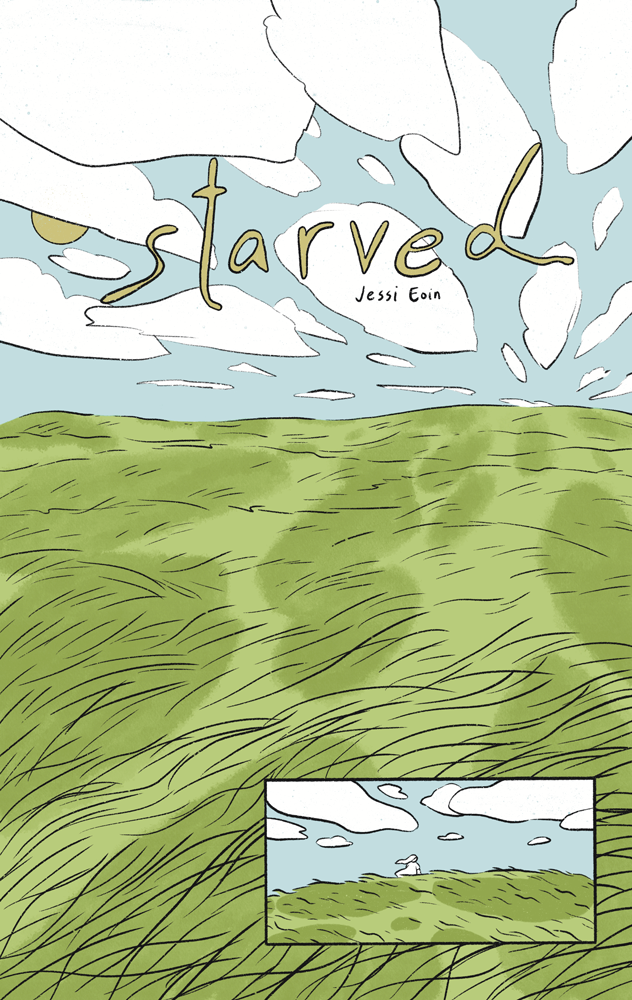 A seven page wordless comic titled Starved by Jessi Eoin. The color palette is in faded hues of blue, green, white, black, and muted yellow. Page 1. Panel 1: An endless grassy landscape stretches into the distance with large clouds casting shadows on the land as they glide by. The title of the comic and Jessi's name appear at the top in a handwritten font. Panel 2: A smaller panel at the bottom shows a lone figure walking in the distance.