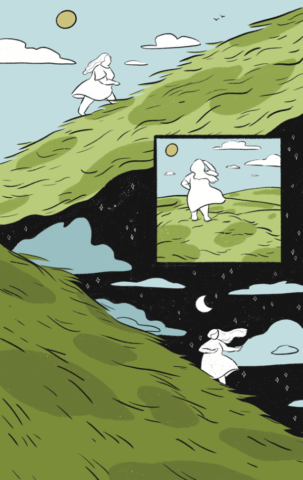 Page 2 of the comic Starved by Jessi Eoin. Panel 1: The lone figure is walking alone up a grassy hill during the day. They are fat with long hair and a dress. They walk barefoot. Panel 2: From behind, we see the person peering into the distance as if looking for something amidst the hills of grass. But there is nothing. Panel 3: The figure now walks down a grassy hill at night, being careful with their steps.