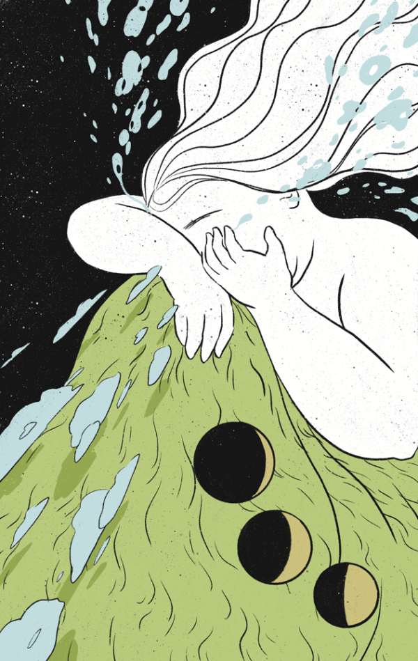 Page 4 of the comic Starved by Jessi Eoin. A splash page showing an abstract image of the figure crying into a grassy hill against the backdrop of space. Their tears float away as they lean their face into the grassy hill that they are now the same size as. Clouds fly up the mountain, dwarfed by the person's tremendous size, and to the right, three more moon phases show the passage of time.