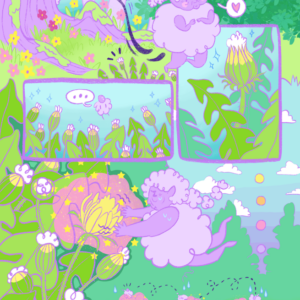 Page one of the comic the (tiny) friend by Jessi Eoin. The color palette is bright and colorful. The main character is a tiny, fluffy, old, purple fairy whose body looks like a ball of fluff with chubby arms and legs, wrinkles on her face, and pink cheeks. She has a puffy braid that floats behind her, and she floats around in the air. Panel 1: The fairy peeks out from behind a tree, noticing a dandelion ready to bloom in the distance. Panel 2: She flies over to the bud, a speech bubble with a heart coming from her. The bud is green with yellow tips and white fluff at the top. She looks happy to see it. Panel 3: She then notices how many buds there are, without a single flower. A speech bubble reads, "..." to indicate hesitance, and sweat drops appear on her head. Panel 4: She uses her magic to make a dandelion bloom, straining as she does so. Panel 5: She floats from bud to bud, using her magic to flower multiple buds, growing more and more tired from the effort as she does so. The sun in the background slowly sets.