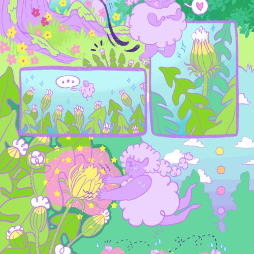 Page one of the comic the (tiny) friend by Jessi Eoin. The color palette is bright and colorful. The main character is a tiny, fluffy, old, purple fairy whose body looks like a ball of fluff with chubby arms and legs, wrinkles on her face, and pink cheeks. She has a puffy braid that floats behind her, and she floats around in the air. Panel 1: The fairy peeks out from behind a tree, noticing a dandelion ready to bloom in the distance. Panel 2: She flies over to the bud, a speech bubble with a heart coming from her. The bud is green with yellow tips and white fluff at the top. She looks happy to see it. Panel 3: She then notices how many buds there are, without a single flower. A speech bubble reads, "..." to indicate hesitance, and sweat drops appear on her head. Panel 4: She uses her magic to make a dandelion bloom, straining as she does so. Panel 5: She floats from bud to bud, using her magic to flower multiple buds, growing more and more tired from the effort as she does so. The sun in the background slowly sets.