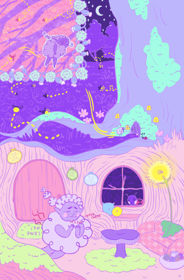 Page two of the (tiny) friend comic. The color palette is still colorful, but it's now in tones of purple and pink with mint green to show the nighttime. Panel 1: The sun sets on a field of dandelions, some of which are flowered after the fairy's work. Fireflies fly in to the scene as the fairy flies away, wiping her brow in exhaustion. Panel 2: As the night deepens, the fairy arrives home to her nook in the tree trunk. A nearby ladybug takes notice. Panel 3: Inside the fairy's home. The room has a pink plaid couch with a leaf blanket over it, moss rugs, a dandelion lamp, a mushroom cap with yarn balls and knitting needles in it, and a mushroom as a table. There are embroidery hoops around the walls. The fairy looks weary and in pain, and the ladybug looks into the window with worry.