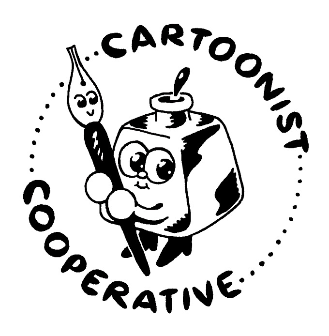 Cartoonist Cooperative logo: An illustration by Anna Bow of the Comic Cooperative’s mascots Inkling (an inkpot) and Nibford (a dip pen), smiling sweetly at the viewer. Inkling holds Nibford in their hands.