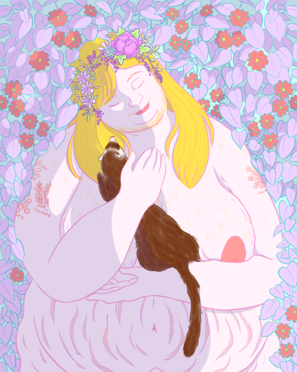 A colorful digital illustration of a fat, nude white person with herb tattoos and straight blonde hair standing in front of a wall completely covered with purple leaves and red-orange flowers. They cradle a brown and white ferret to their chest and smile peacefully with their eyes closed. A flower crown full of flowers and leaves and berries rests on their head, and light casts soft shadows all around the piece.