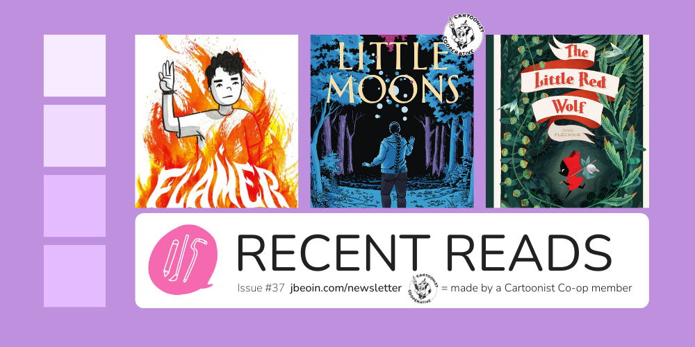 A purple graphic showcasing three comics from Issue 37's Recent Reads section. The titles are Flamer; Little Moons; and The Little Red WOlf. The title Little Moons is indicated as a comic created by a Cartoonist Cooperative member.