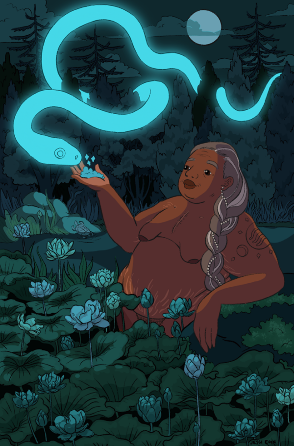 A digital illustration of a fat, nude person with brown skin and a long gray and white braid standing in a river, surrounded by lily pads and flowers. They look up with a relaxed smile at a huge, glowing blue snake flying through the night sky and offer up a palmful of shining blue food. The snake examines the food curiously, and its glow highlights the person a bit. The person is older and has a few wrinkles on their face, a bit of facial hair around their lips, a surgical scar on their chest between their breasts, stretch marks along their belly and arms, an abstract tattoo on their left arm, and a string of pearls braided into their hair. They lean one arm on a mossy rock. There's a turtle resting on more rocks in the background, and there's a forest behind that overlooked by a few clouds and a full moon in the night sky. The color palette is in cool blues and greens with the person making for a pop of contrast with warm hued skin tones.