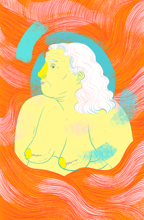 A vibrant, texture-heavy illustration of a fat, nude person surrounded by lines all around them like waves. The lines are accentuated by complementary colors laid on with a textured brush almost like a palette knife. They have light skin and shoulder-length wavy hair in a side profile, looking sideways at the audience. They have on a prosthetic nose and prosthetic nipples, and they have surgical scars on their breasts by the nipples. The person is older and has lots of wrinkles and looser skin, as well as stretch marks, cellulite, and age spots all over. The color palette is in hues of orange and yellow with spotlights of aqua blue and pink.