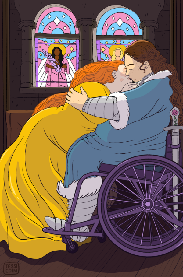 A digital illustration of two fat white people embracing in a passionate kiss inside a cathedral with stone walls and columns and a wood planked floor. The person on the left is wearing a long, golden yellow dress and has long, flowing red hair, pale skin, and a prominent birthmark on her face over her eye and cheek. She has one hand pressed to the chest of the person she's kissing. The person on the right is a wheelchair user with a deep purple, short-backed, athletic chair with a silver sword attached to the back. The sword has a pink flower and green leaves engraved on the hilt. The person themself is wearing silver armor underneath a blue cloak with white fur at the neck, elbow, and calf, adapted for wearing in a chair while fighting. They have long, wavy brown hair, half tied back in a braid & a dusting of freckles all over their skin. They hug the person on the left, gripping the person's shoulder. In the background, there are two Norman style windows with colorful stained glass.